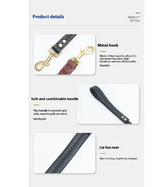 Black PU leather dog lead with metal clasp showing traction belt design