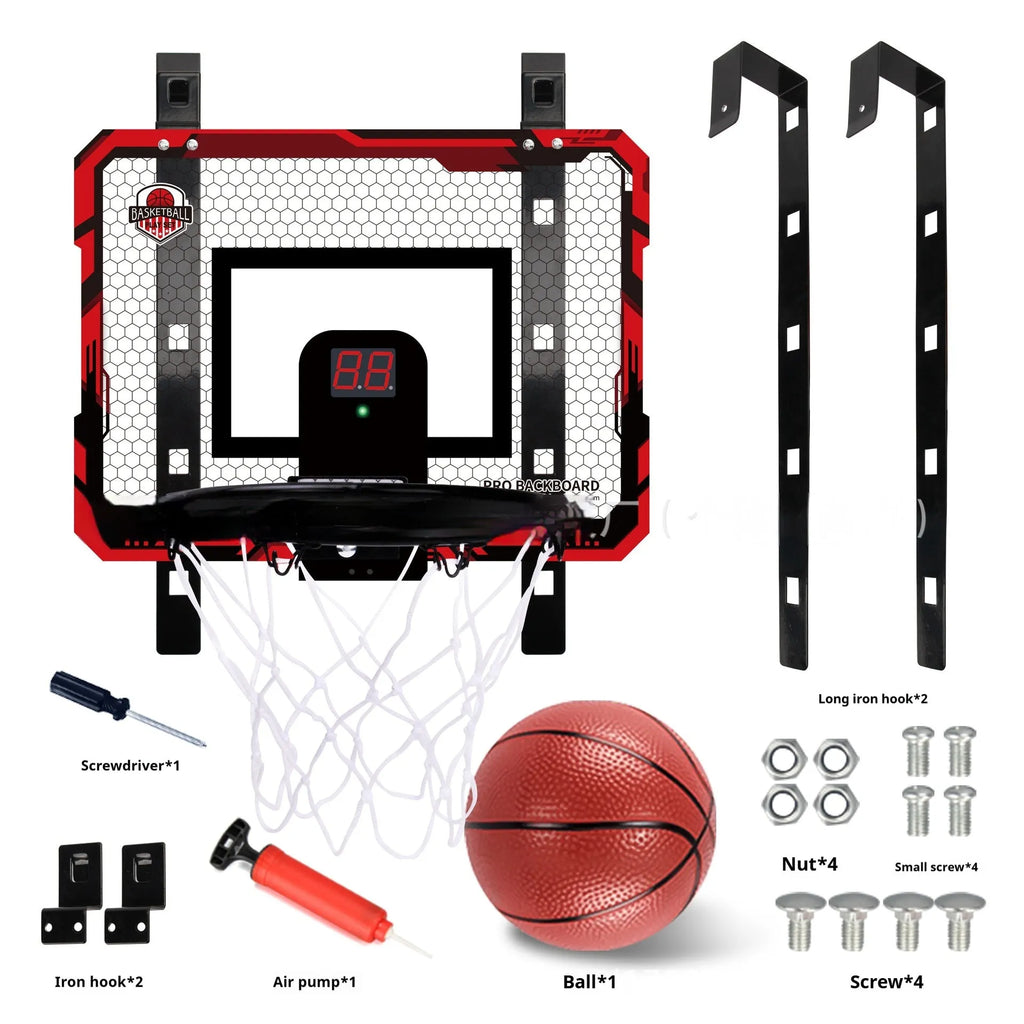Red folding basketball frame with suction cup mount showing 400x300mm parallel panels and 16cm ball