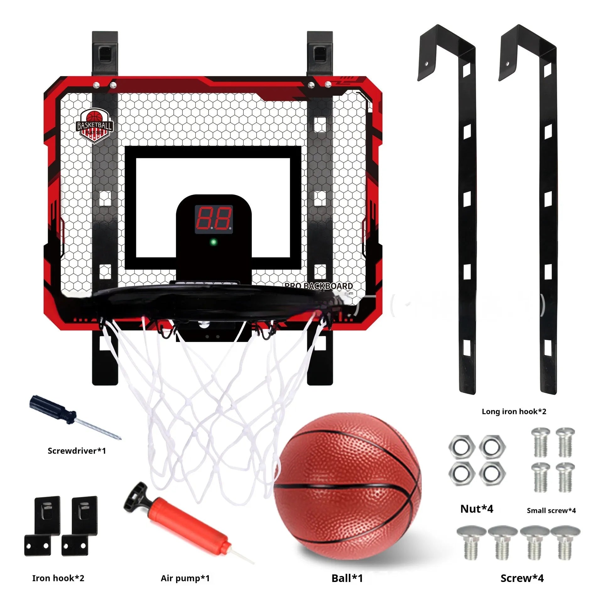 Red folding basketball frame with suction cup mount showing 400x300mm parallel panels and 16cm ball