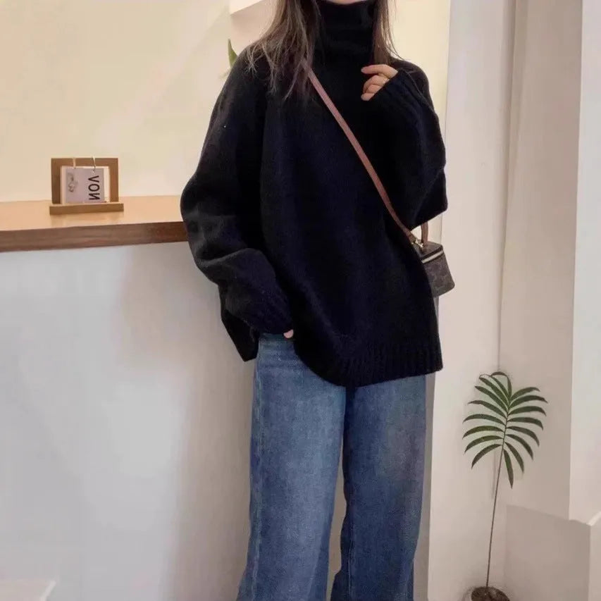 Women's loose-fit turtleneck sweater with curling pile collar in red solid colour