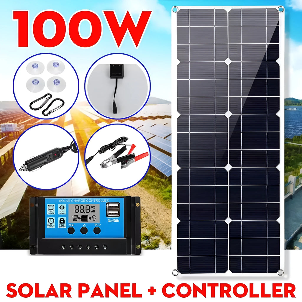 30W semi-flexible solar panel showing USB port for charging mobile devices.
