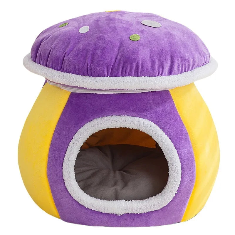 Grey plush mushroom-shaped cat bed with a detachable blanket inside a pet cage.