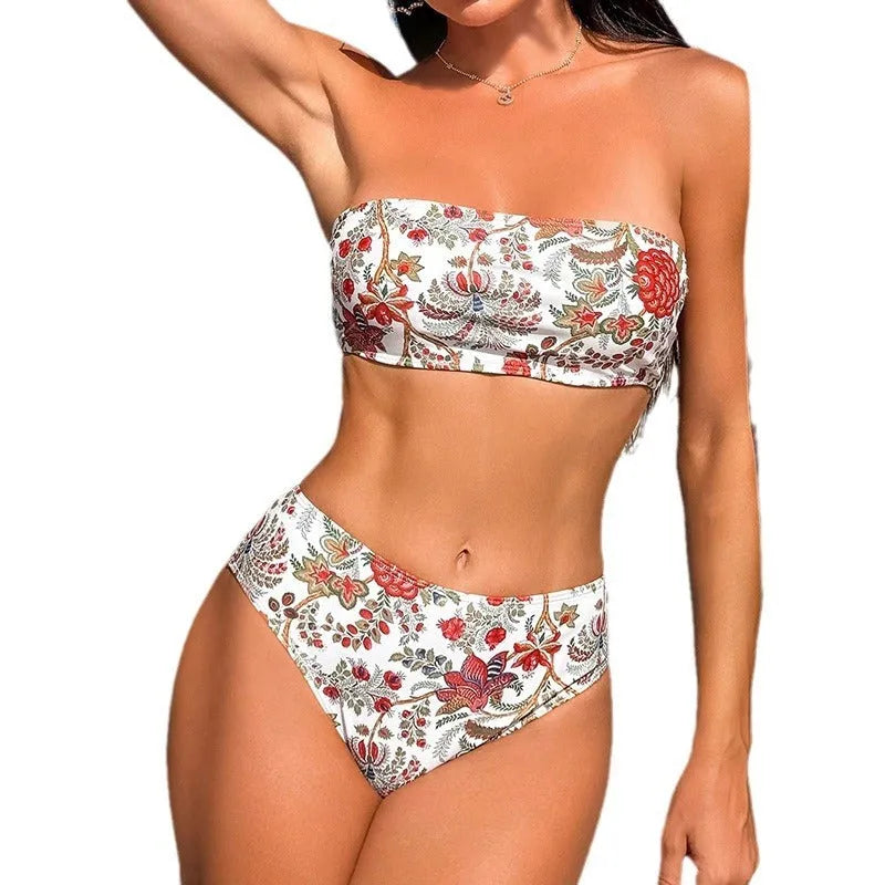 Women's printed bandeau triangle bikini top and matching shorts swimsuit set.