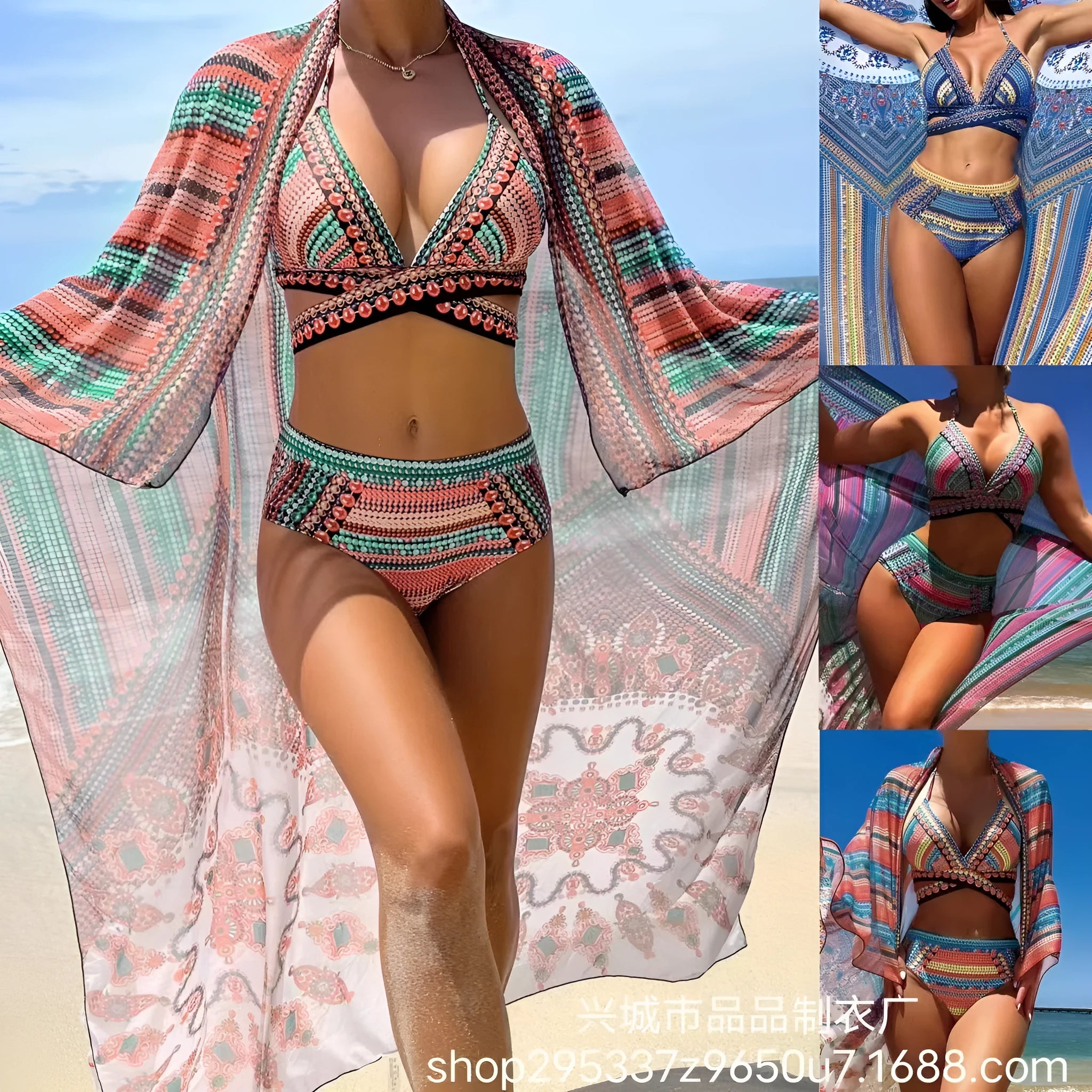 Women's retro style swimsuit bikini with cross strap back in blue polyester fabric.