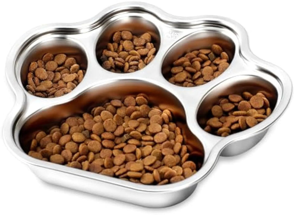 Silver stainless steel slow feeder dog bowl with raised ridges for slowing eating, 2 cup capacity, non-slip base, on a light background