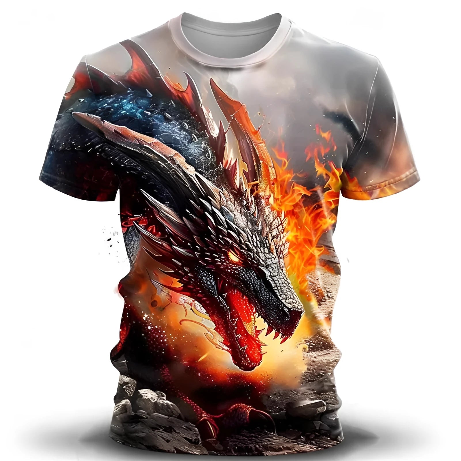 Men's grey short-sleeved T-shirt featuring a large 3D printed wind dragon design on the front.