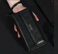 Men's long black PU leather-look wallet open to show multiple card slots.