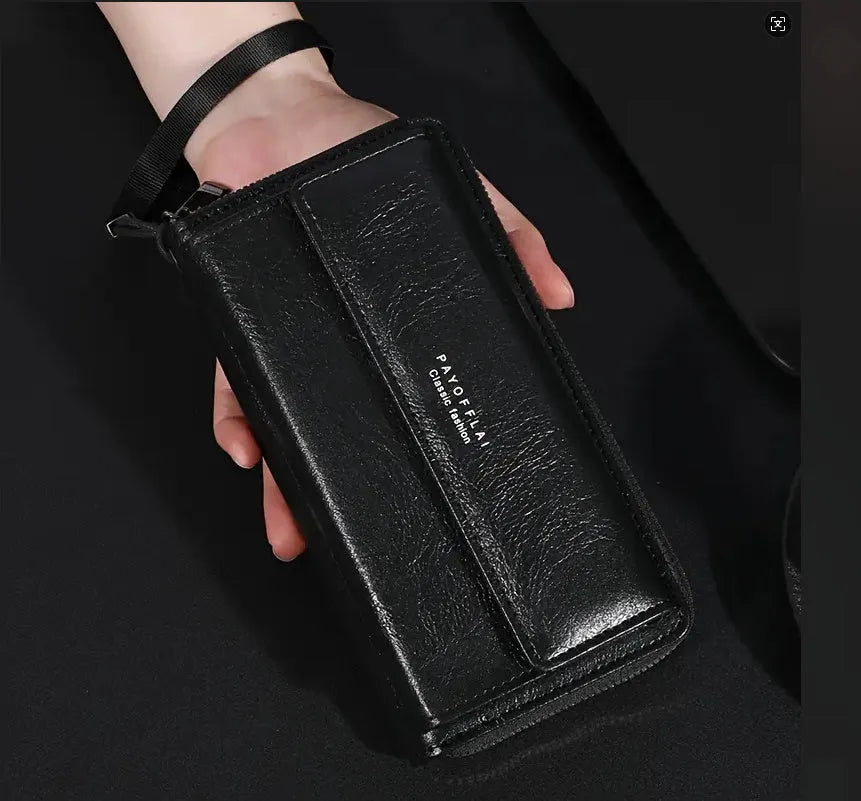 Men's long black PU leather-look wallet open to show multiple card slots.