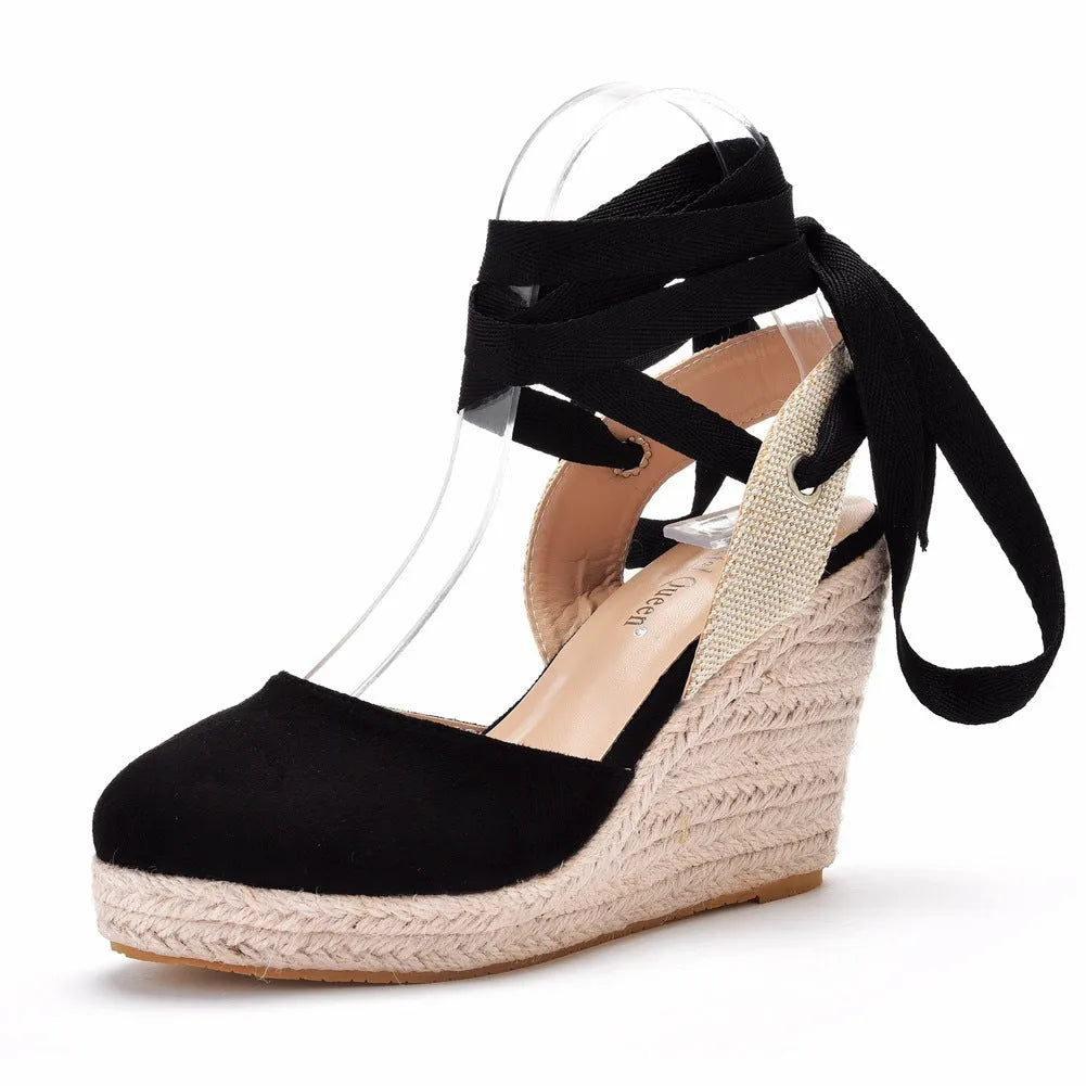 Women's apricot bohemian wedge sandals with bead and tassel details on a buckle-fastened PU upper.