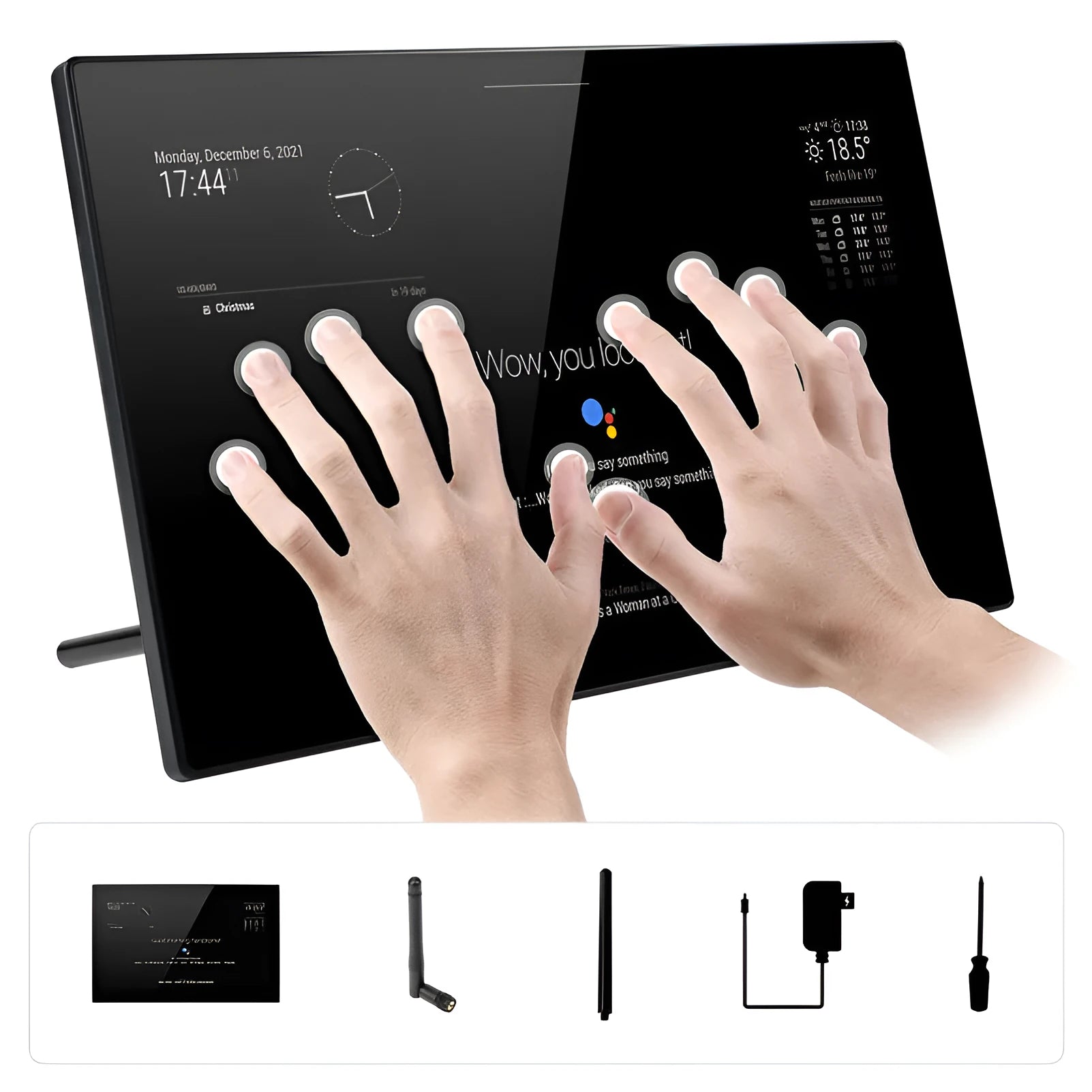 13.3-inch smart mirror touch display with integrated CM4 board for voice assistant projects.