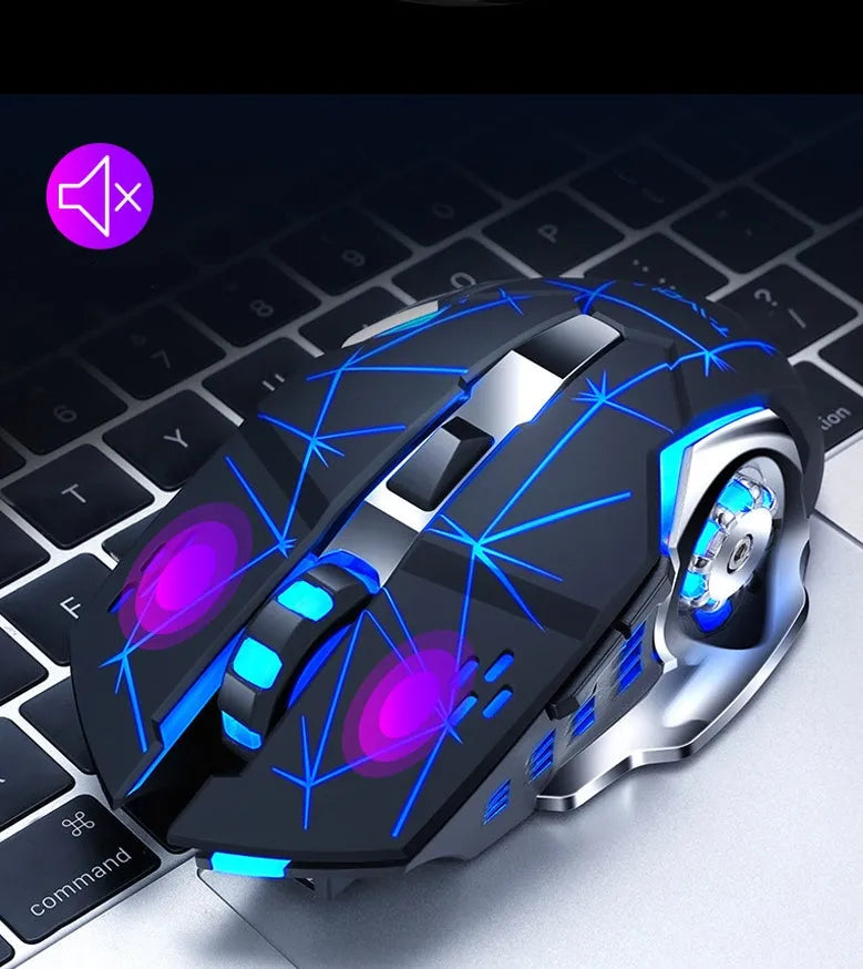 Black and white wireless charging mouse with six buttons and optical sensor