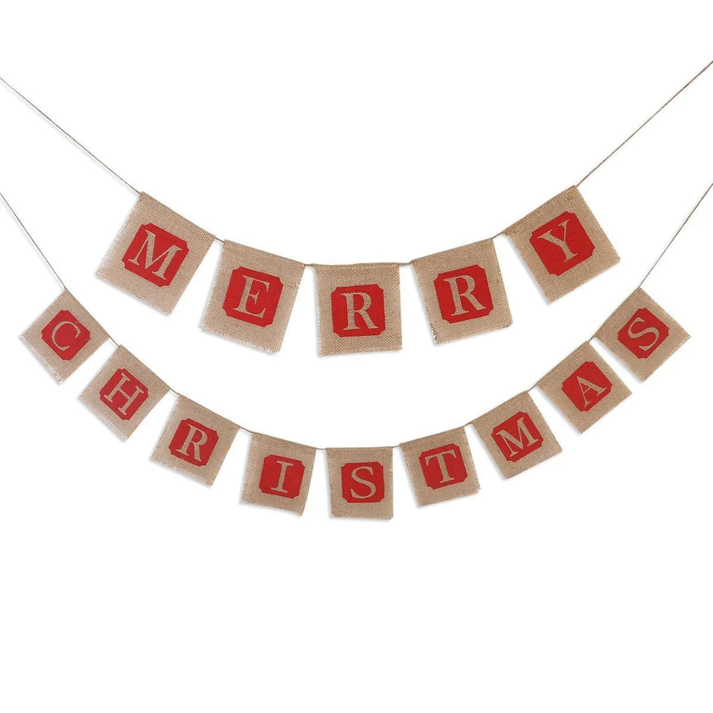 Brown and red burlap Christmas flag banner with fourteen pennants on natural string
