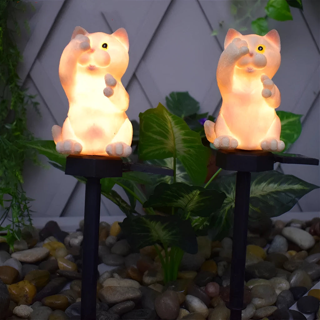 Brown cat-shaped solar lawn light for garden pathway illumination