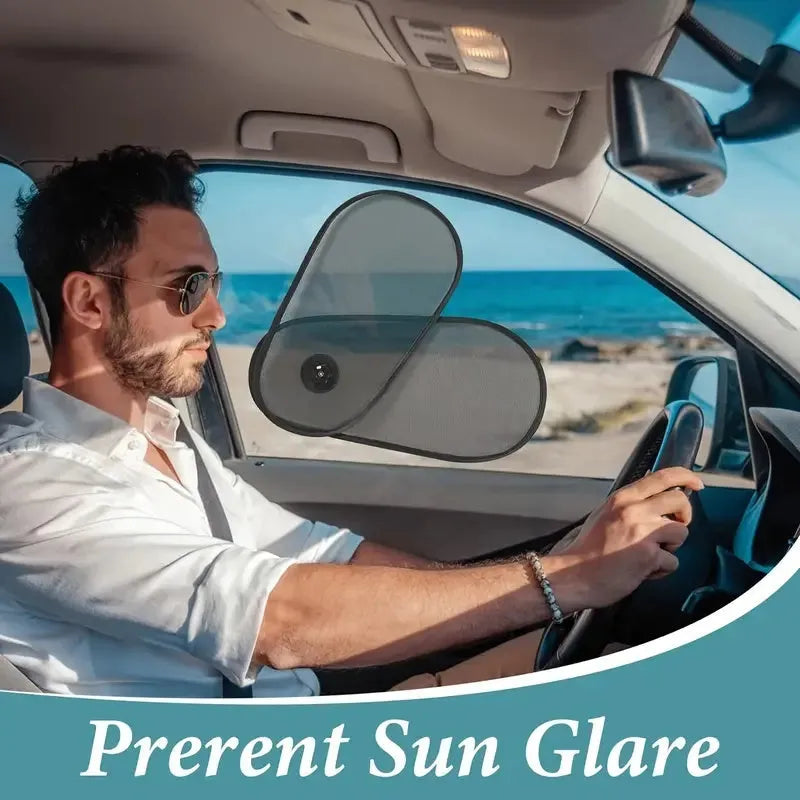 Black stretchy car side window sunshade for babies attached with suction cups.