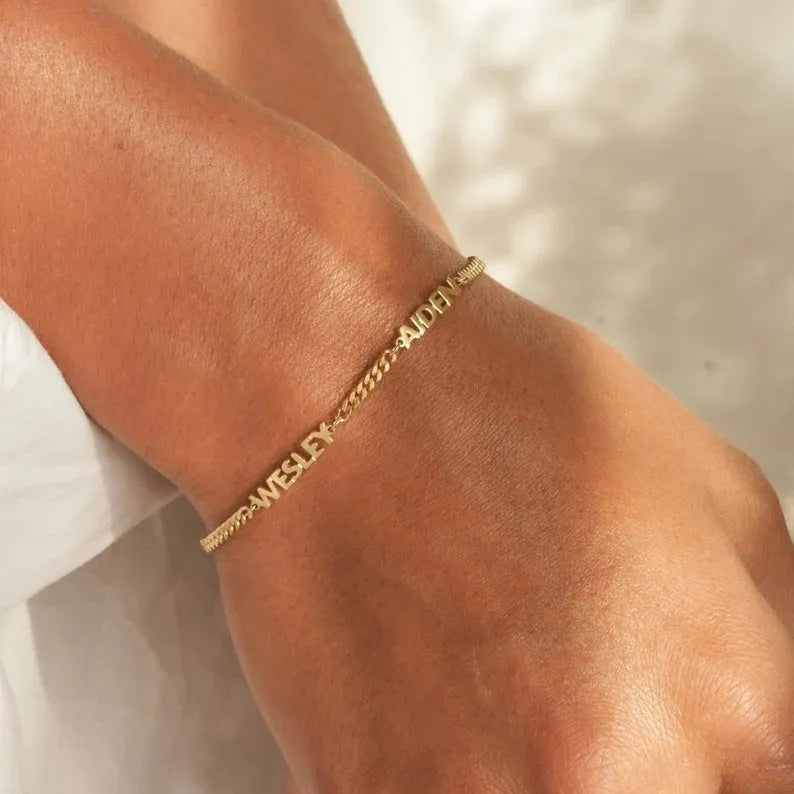 DIY personalised name bracelet Cuban chain stainless steel gold colour with name engraving