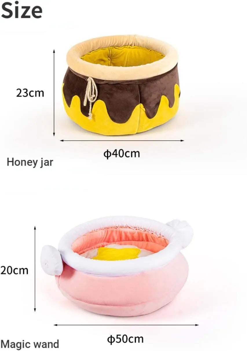 Pink honey pot shaped cat sofa bed with decorative wands and removable cushion