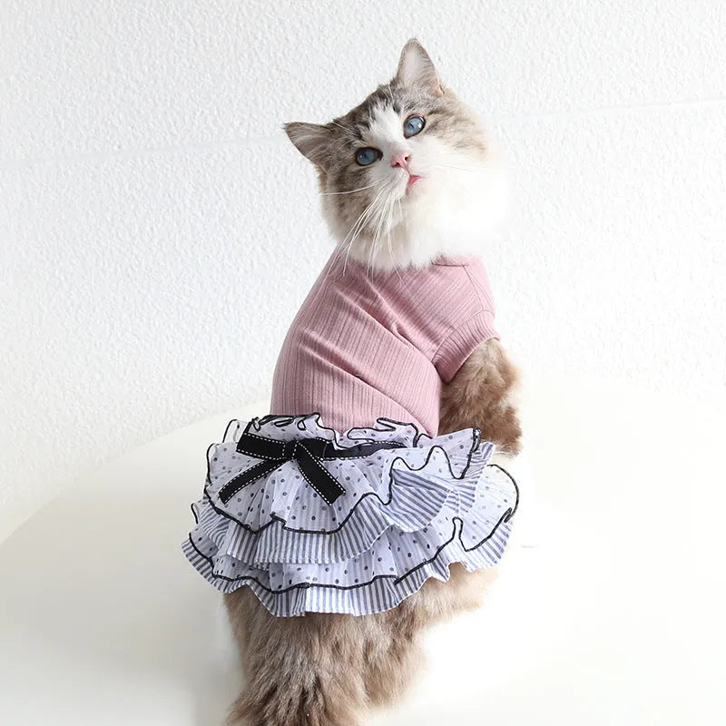 Polka dot and lace princess cake dress for a small dog or cat in taro purple, charcoal black, or iced coffee colour.