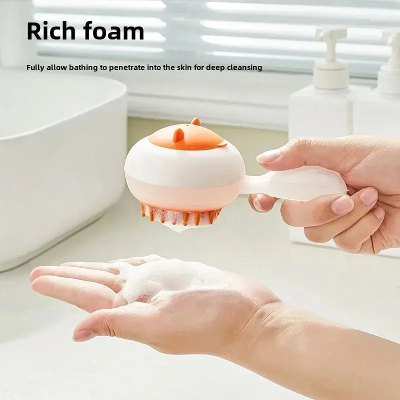 Blue and orange automatic cleaning pet bath brush with soft gel massage pads for wet or dry grooming