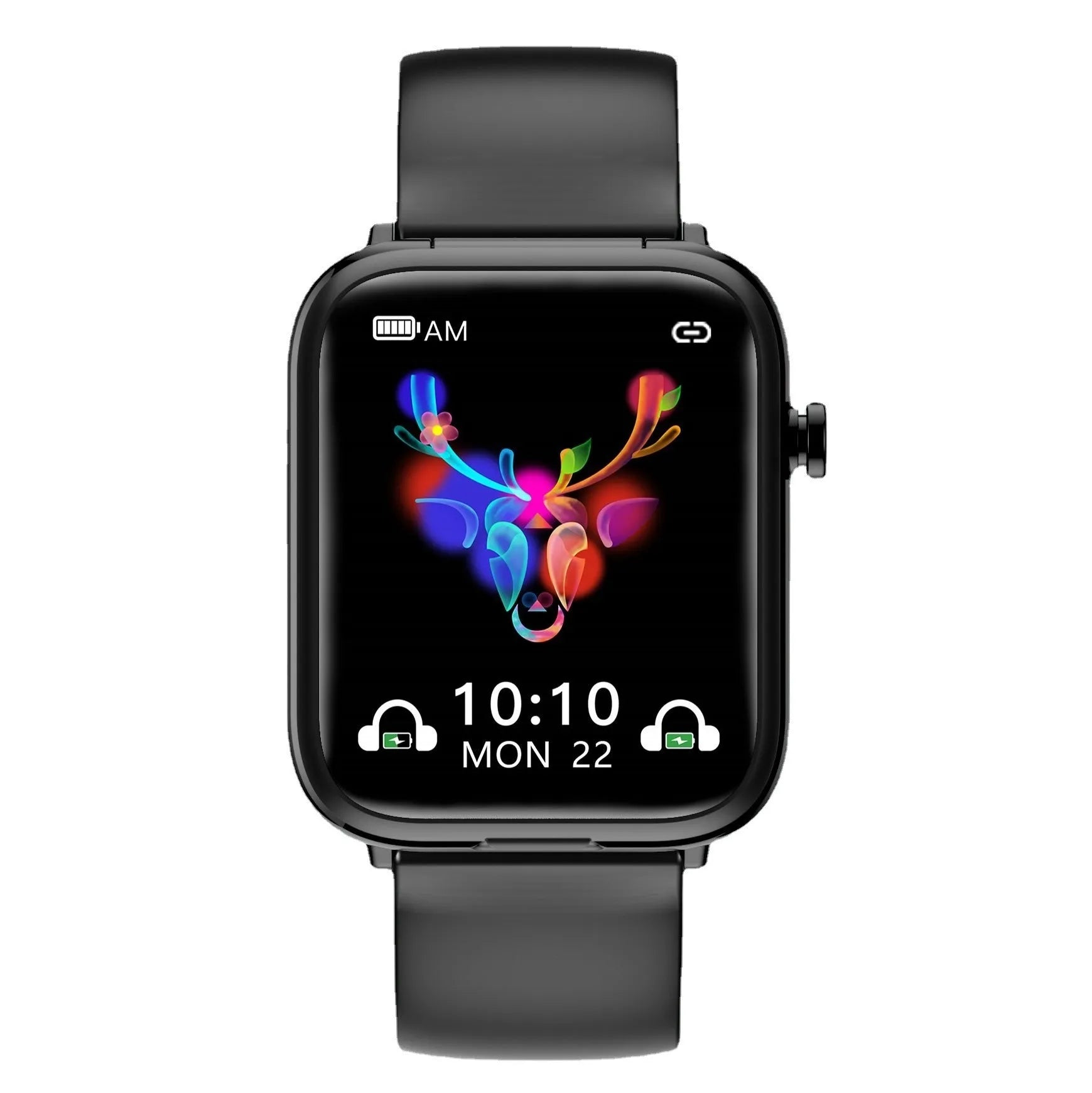 Black zinc alloy smartwatch with 1.69-inch touchscreen and Bluetooth earbuds in charging case.