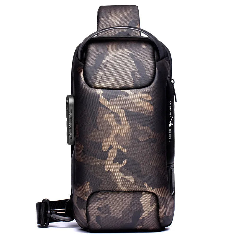 Men's anti-theft chest bag in Oxford cloth with combination lock and USB charging port, medium size, black colour
