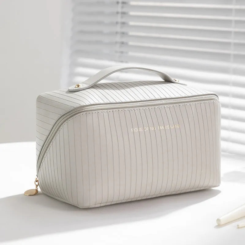 Vertical pattern pillow makeup bag cubic shape 22.5cm PU material beige black brown grey pink options