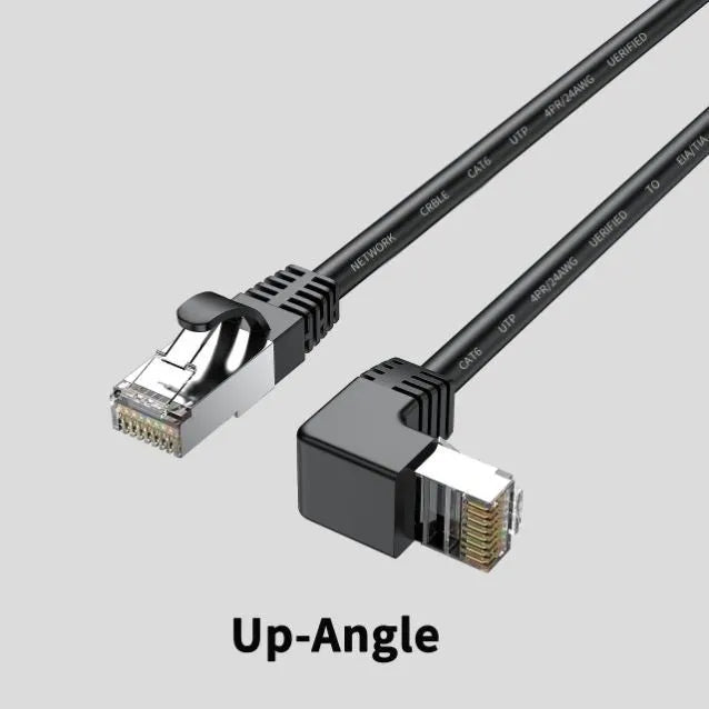 Cat6 Ethernet cable with right-angled RJ45 connector in various colours including black, white, red, yellow, and grey options