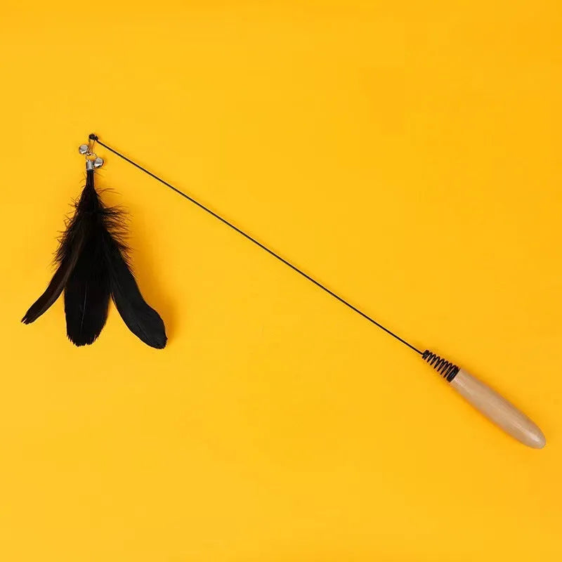 Wooden handle cat teasing stick with feather bell heads in multiple colours