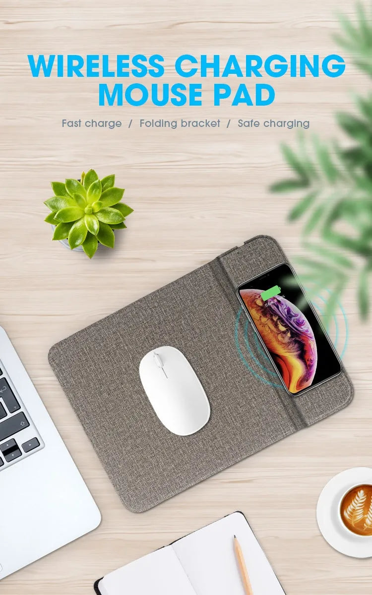 Foldable cloth phone holder with integrated wireless charging pad shown open and closed.