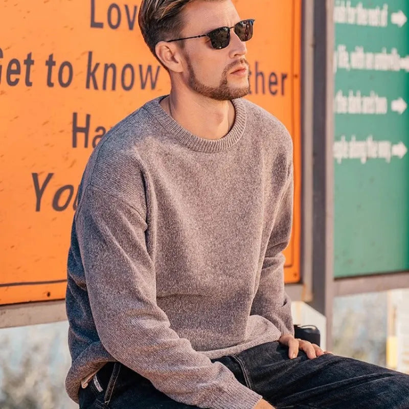 Men's single-layer fleece-lined round neck pullover sweater in black, front view, long sleeves, casual fit.