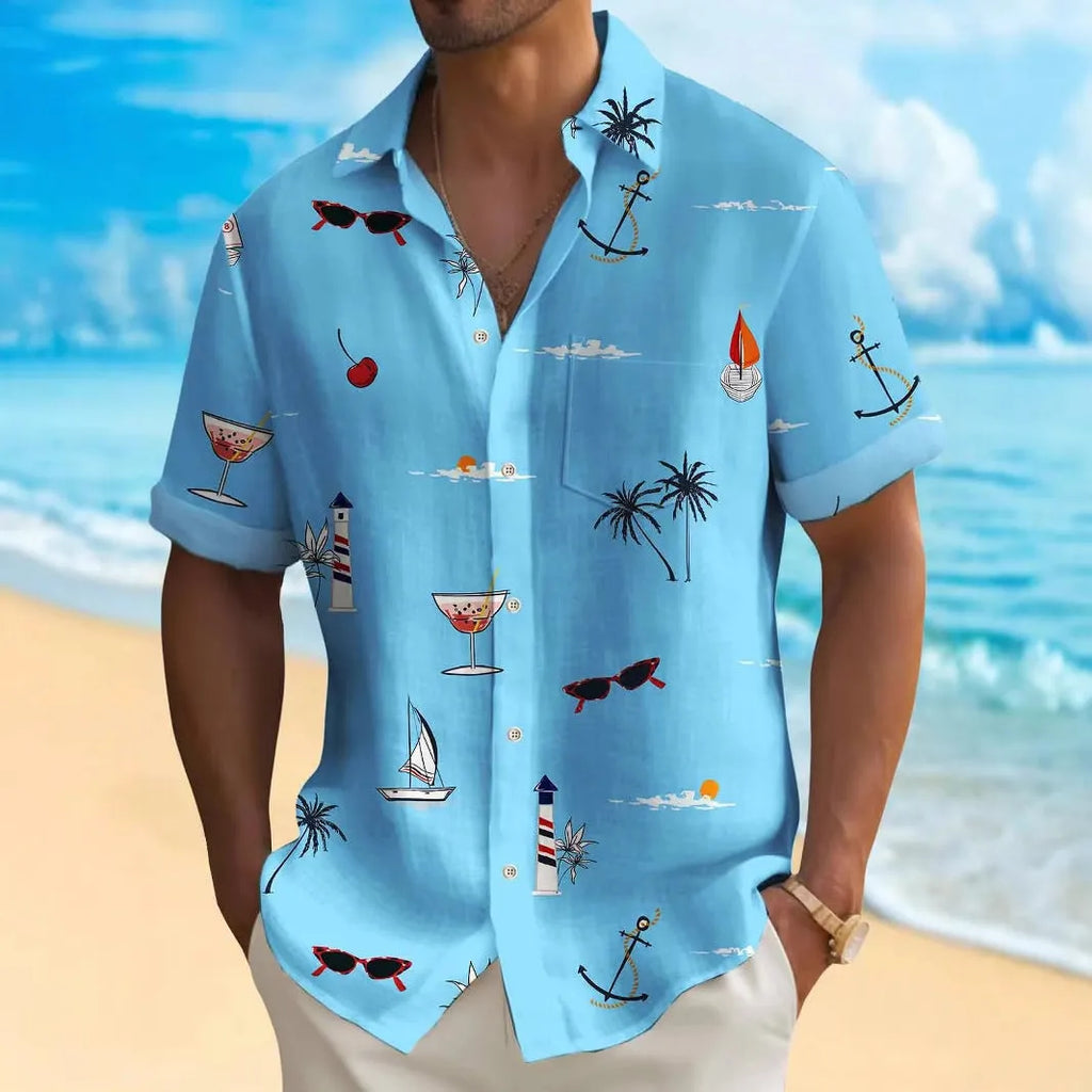 Man wearing a loose-fit digital print Hawaiian shirt in a colourful pattern.
