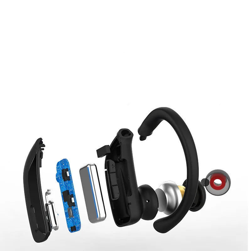 Black wireless Bluetooth headset with over-ear design and a small LED digital display on the side.