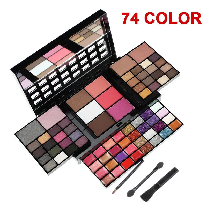 Four-layer 74 colour makeup palette with eyeshadow, lip gloss, and brushes in a plastic case.
