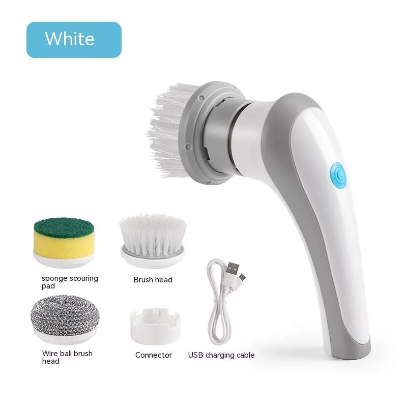 White cordless electric cleaning brush with four brush heads for shower tile and floor cleaning