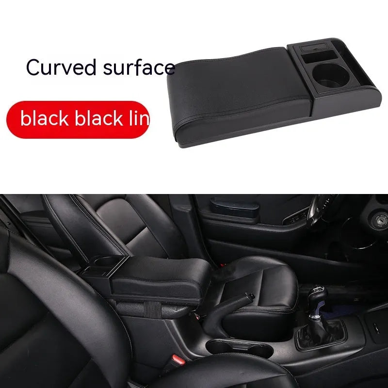 Universal plastic car armrest cover in PU leather black with red accent lines, shown on a centre console.
