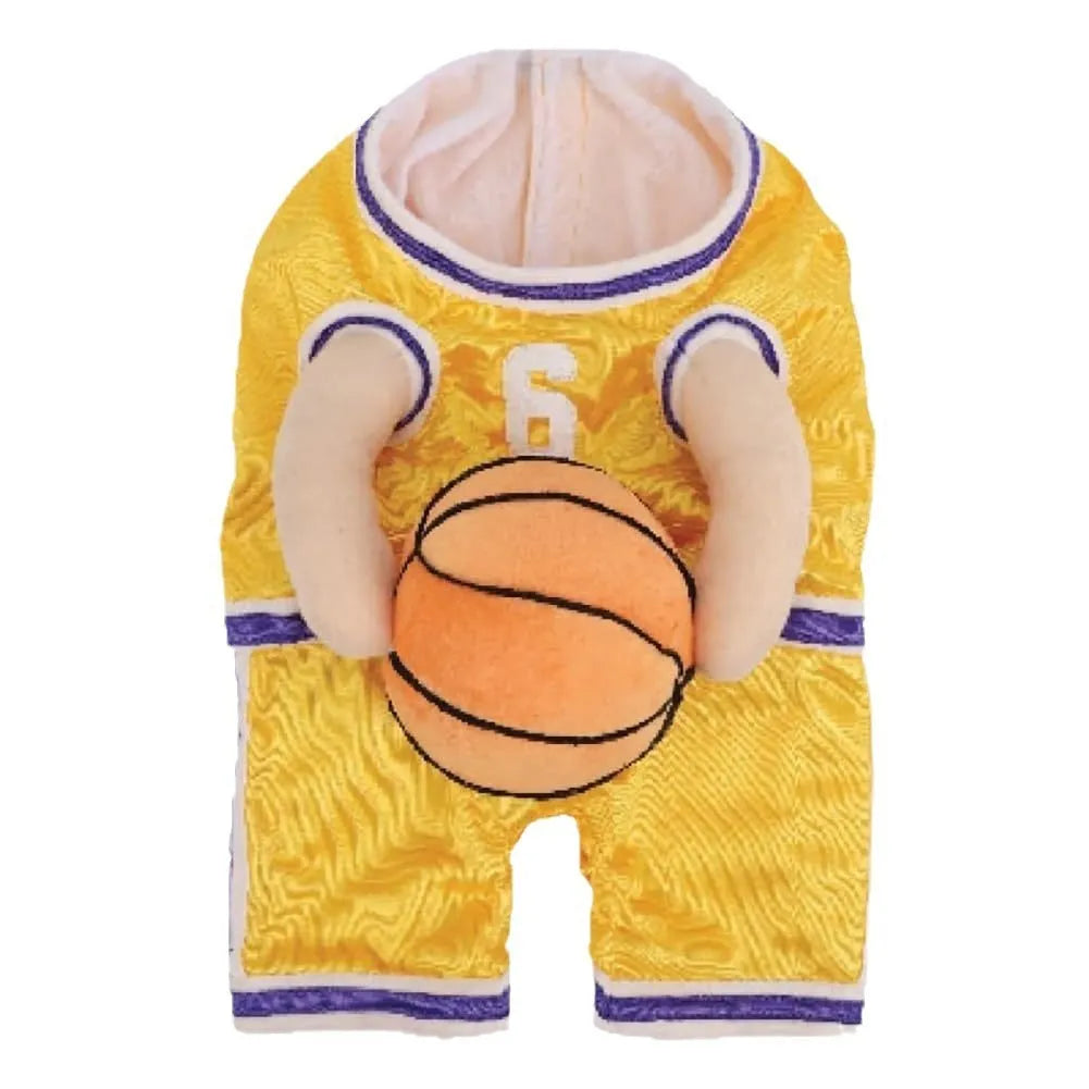 Red or yellow basketball jersey costume for a dog, shown with a matching basketball accessory.