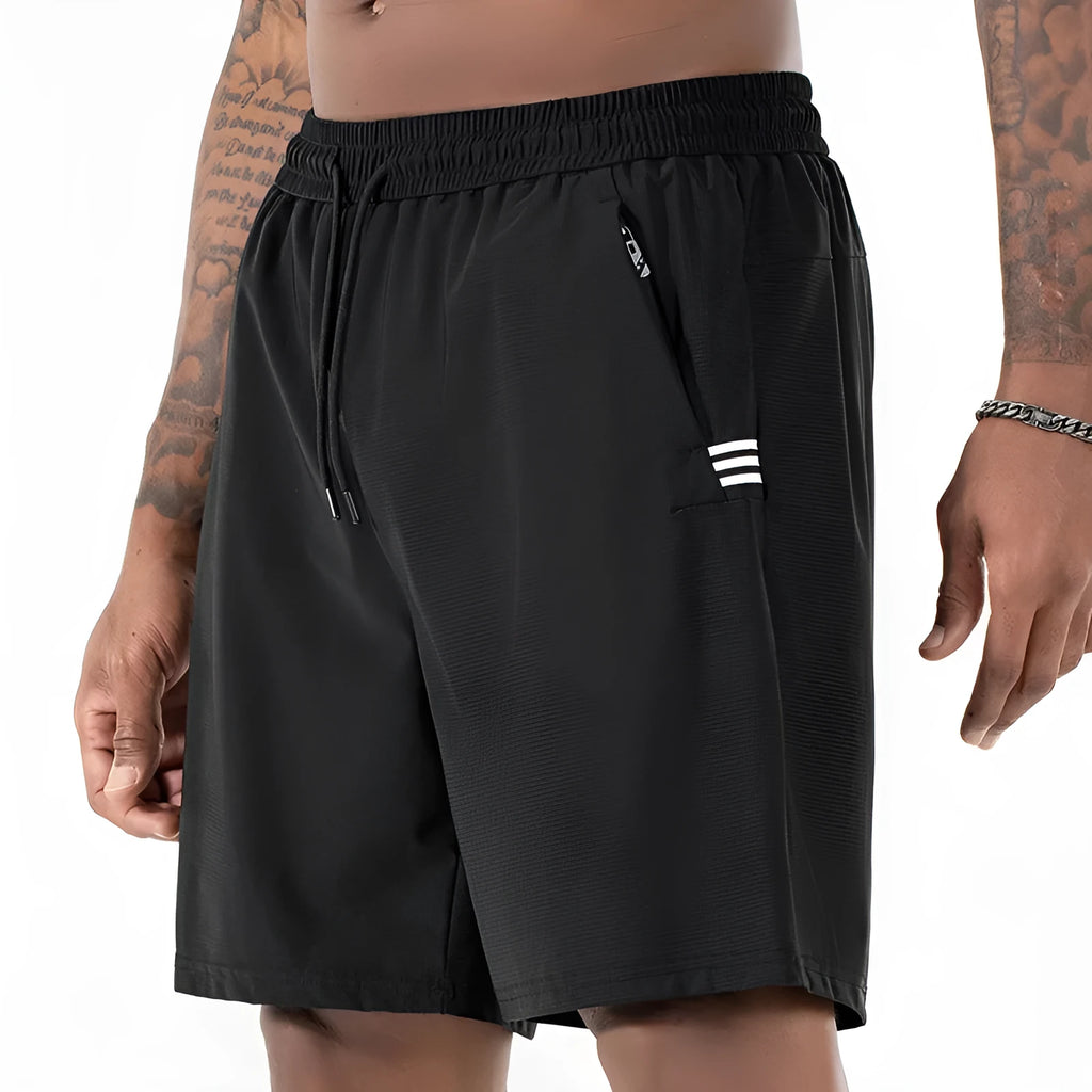 Men's black ice silk sports shorts with a drawstring high waist, shown on a manikin.