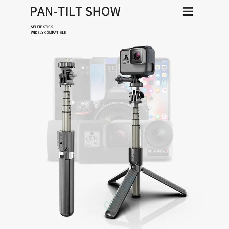 Black aluminium tripod selfie stick extended with Apple iPhone mounted on adjustable legs