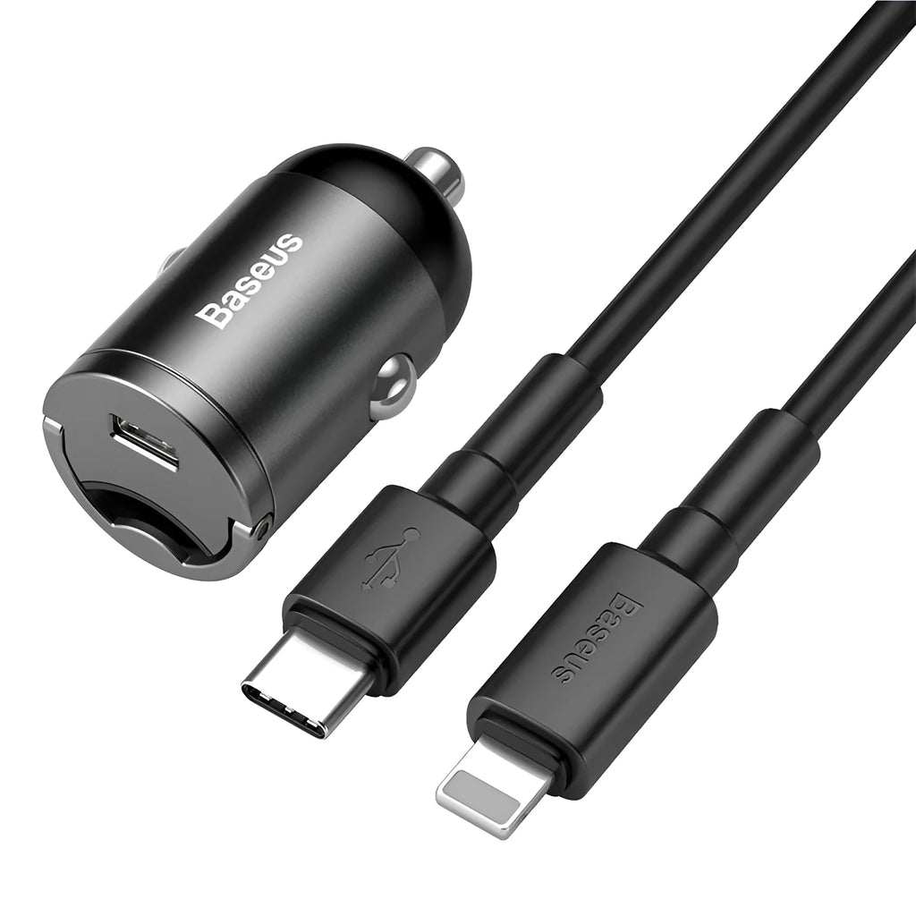 Baseus grey single port 30W PPS fast car charger with 1 metre USB cable