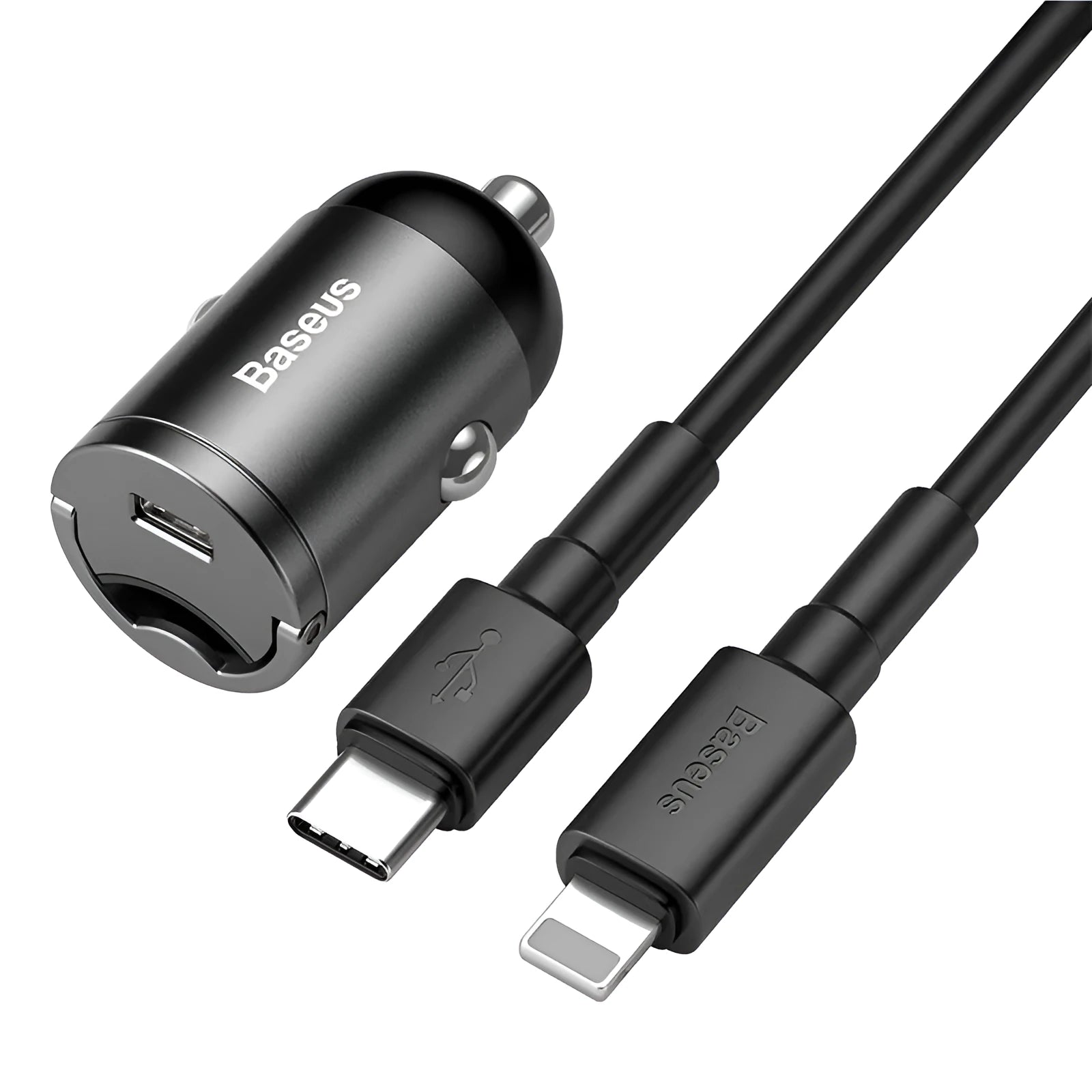 Baseus grey single port 30W PPS fast car charger with 1 metre USB cable