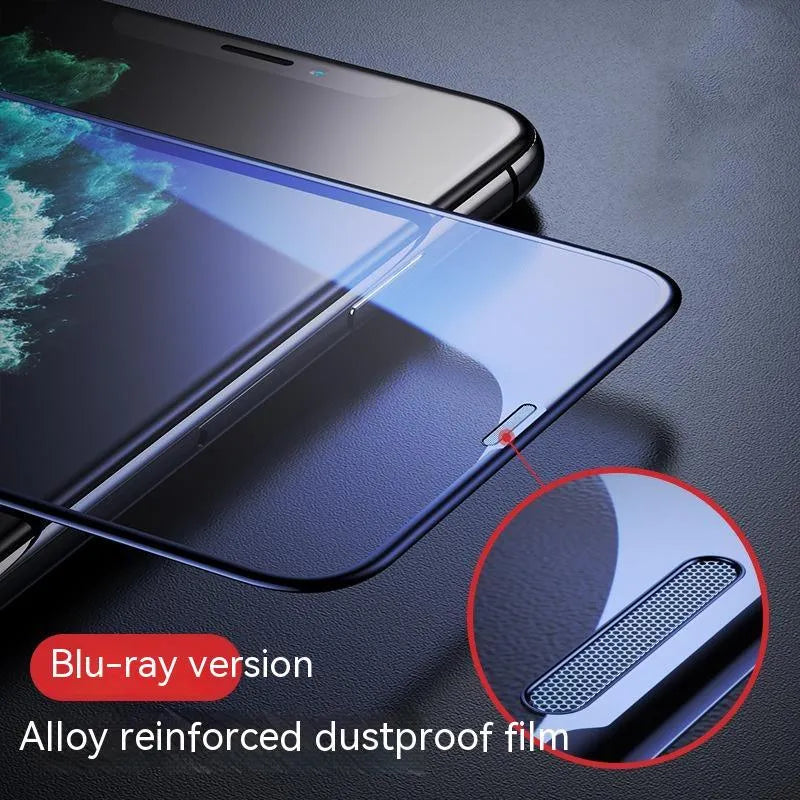 Tempered glass privacy screen protector for iPhone showing anti-peeping and dustproof features.