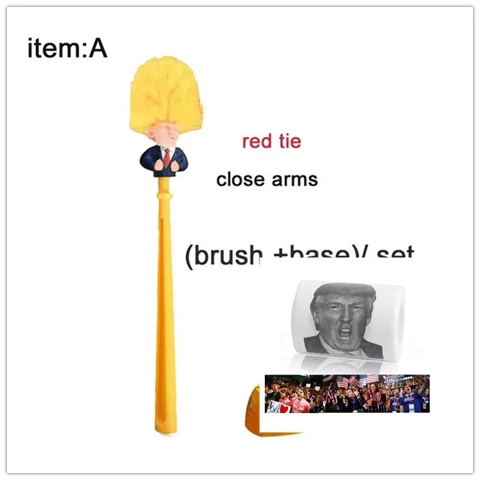 Yellow plastic Donald Trump novelty toilet brush with hanging handle, 40cm long