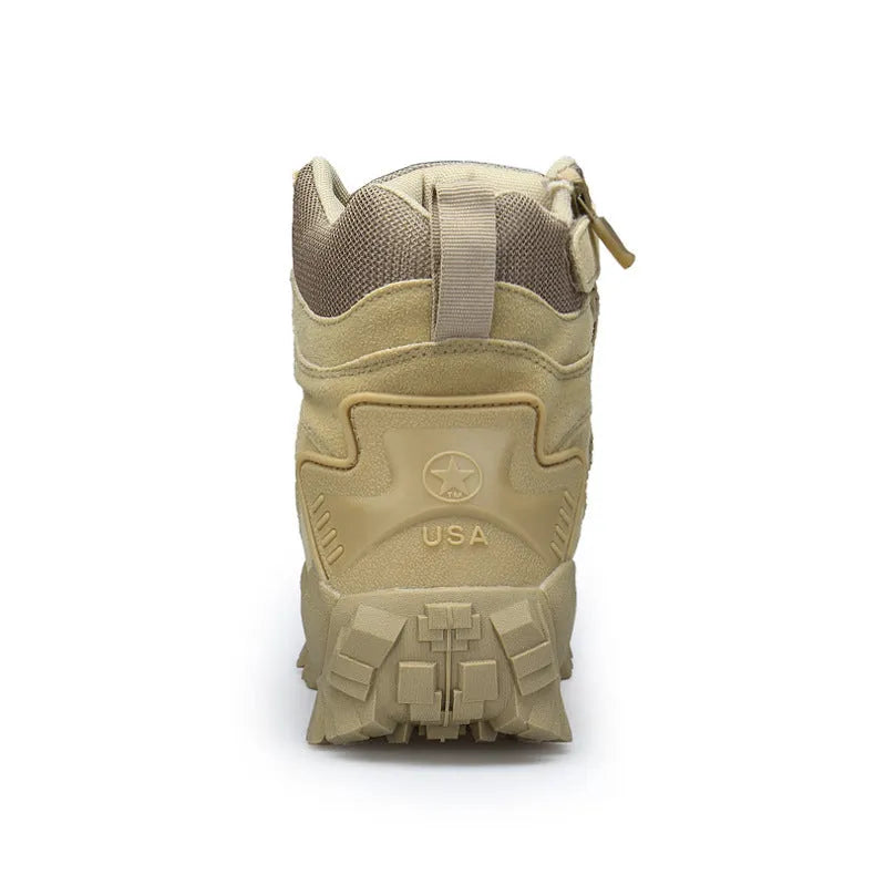 Men's black US Army Delta tactical-style boots with rubber sole on rocky outdoor ground.