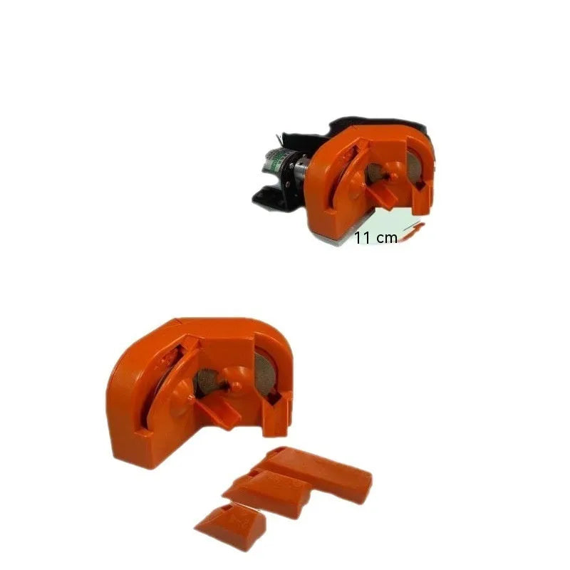 Portable universal grinding drill tool with orange sander, black sander, and replacement wheels