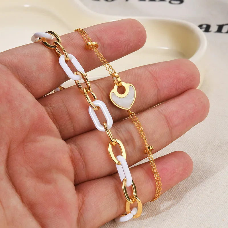 Stainless steel resin bracelet for women with double-layer heart design and electroplated finish