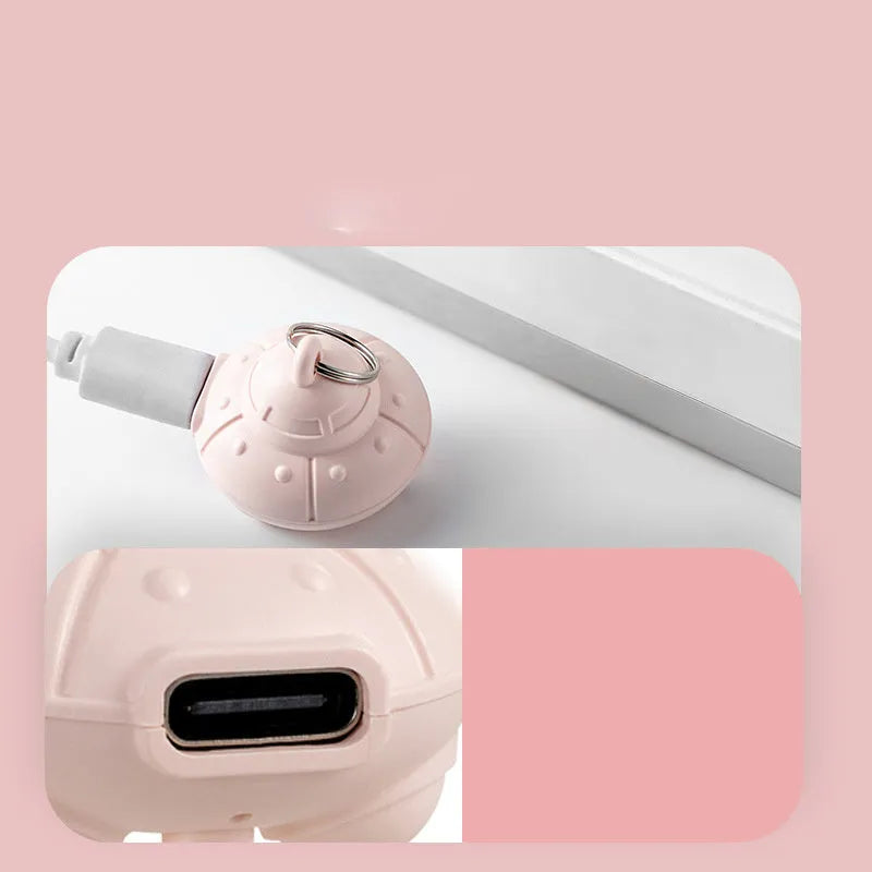 Green automatic cat collar laser toy showing dimensions and USB charging port