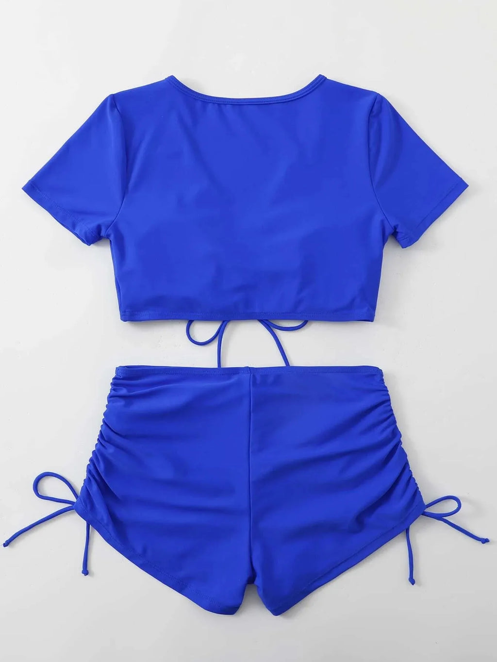 Lady's dark green lace-up bow two-piece swimsuit set for swimming.