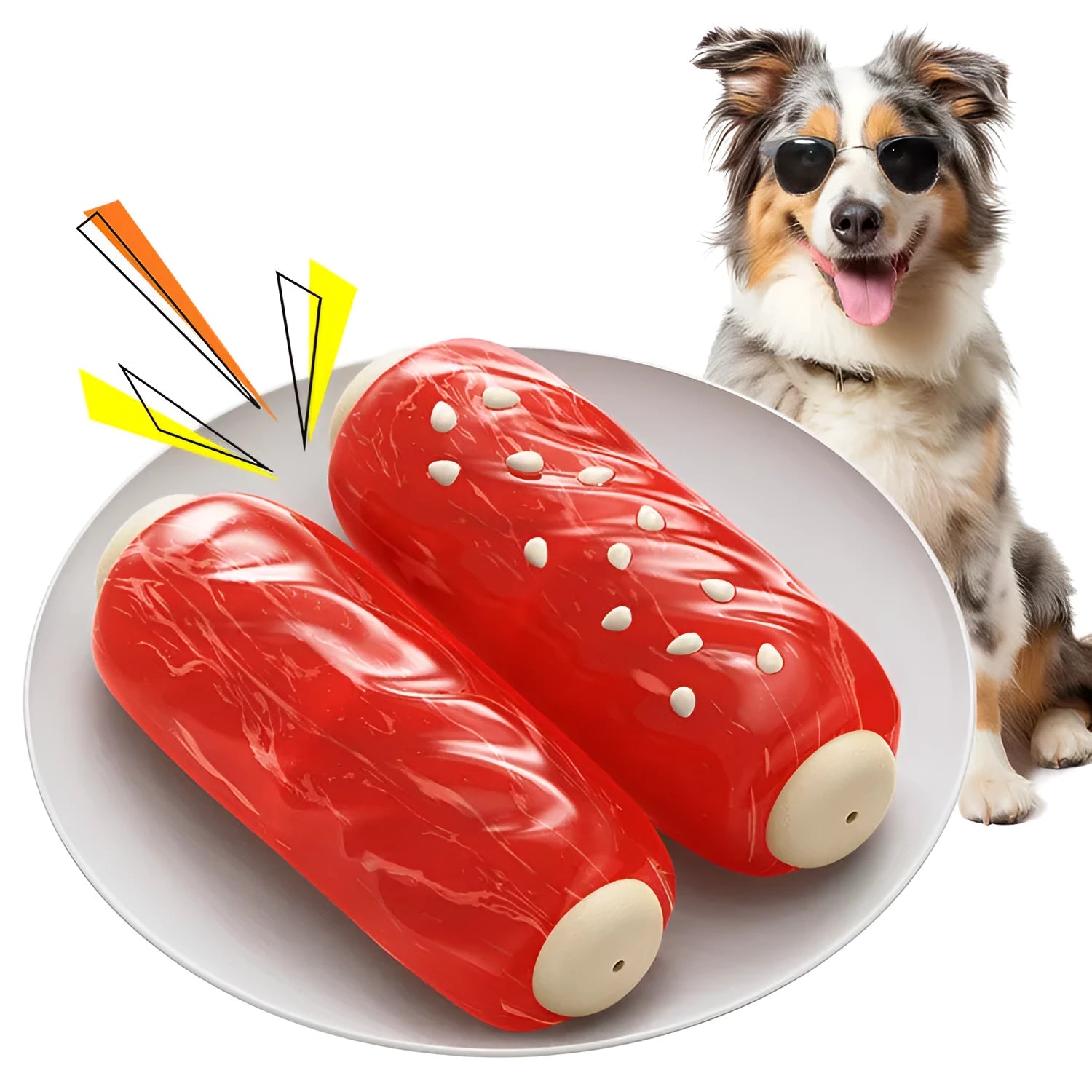 Blue and red plastic dog toy with toothbrush and molar rod textures for chewing and dental care.