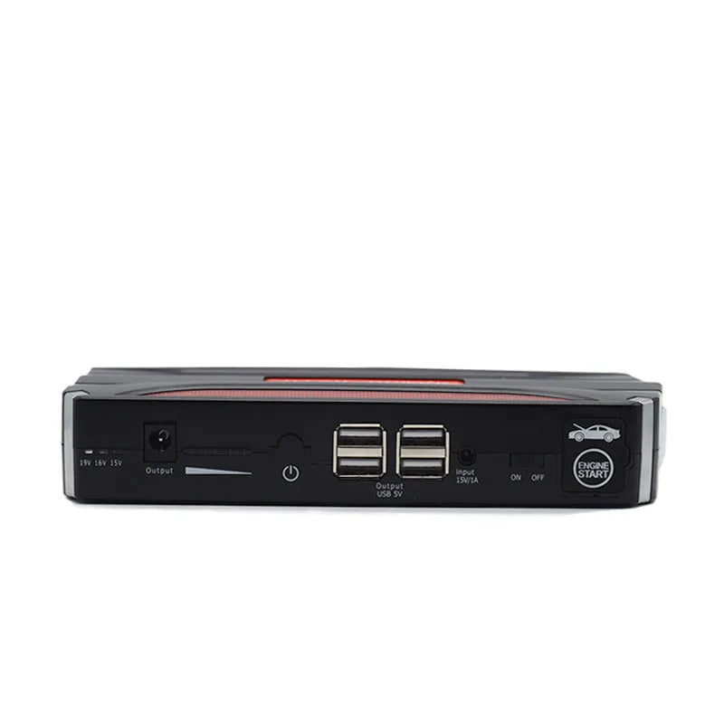Black red 12V vehicle emergency starting power supply with 7800mAh capacity showing compact dimensions