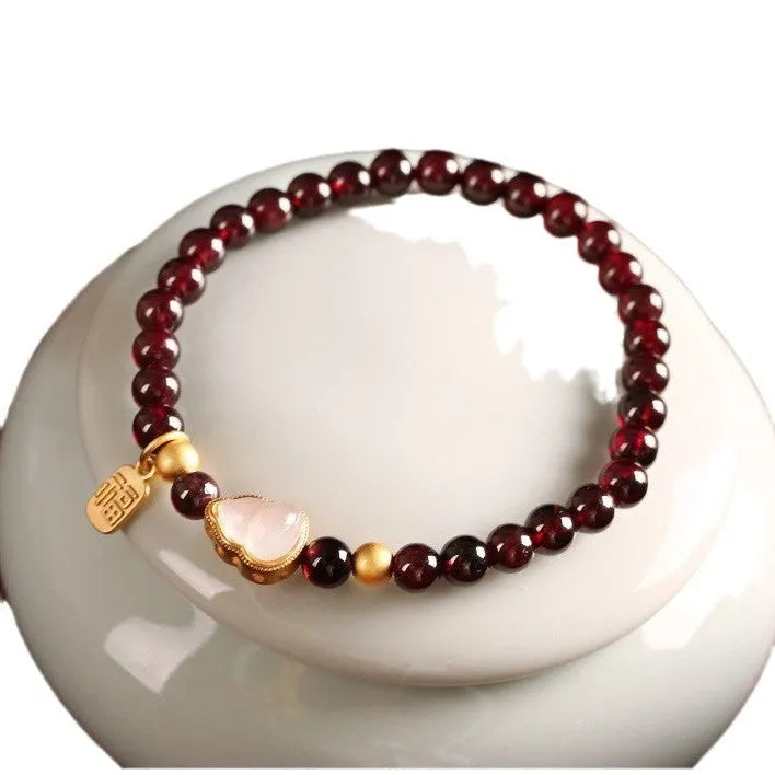 Women's Chinese-style gourd bracelet with imitation garnet beads and electroplated finish