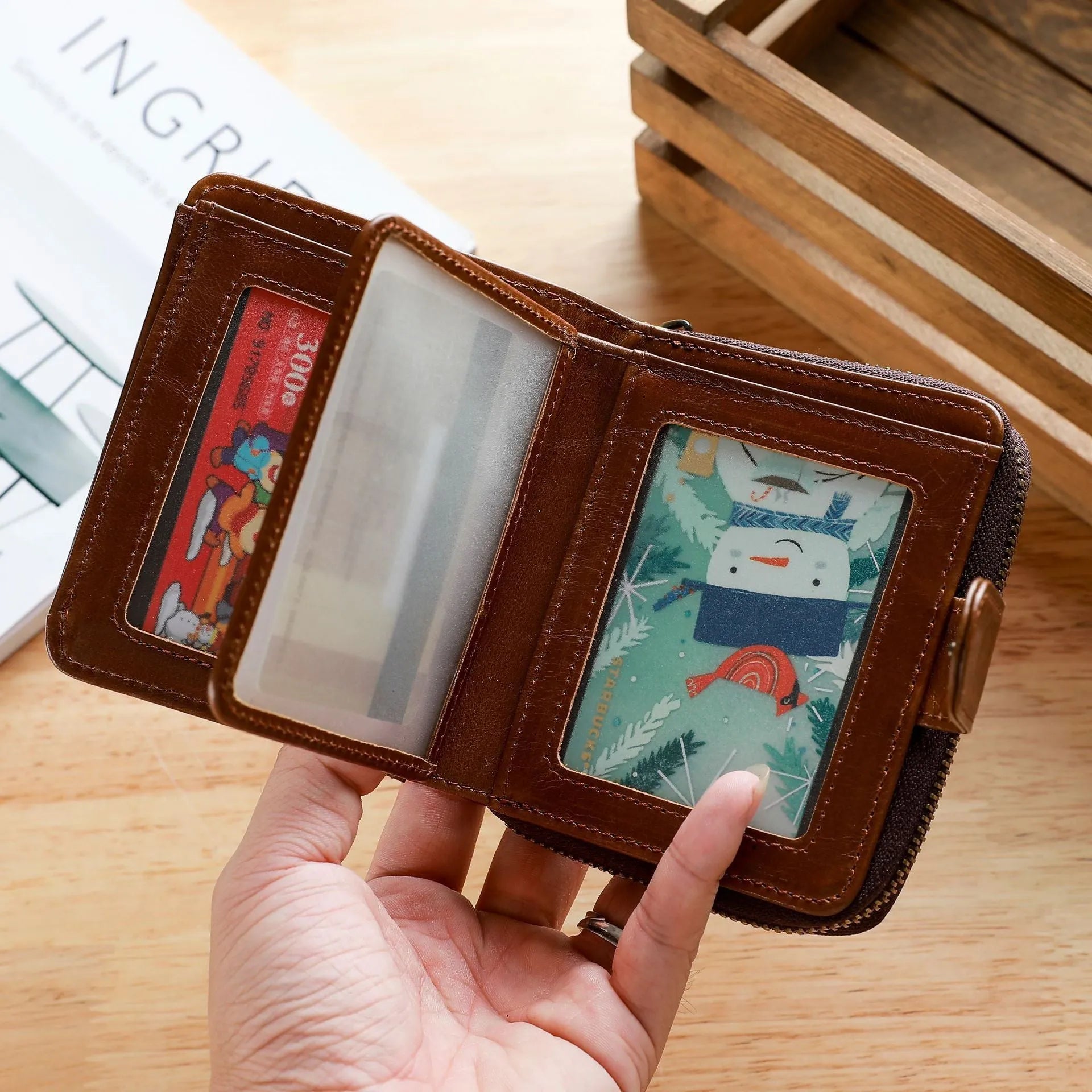 Genuine leather men's short wallet with multiple card slots in black colour